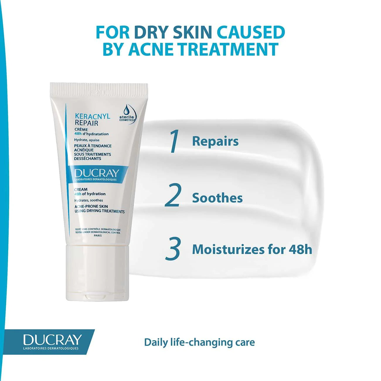DUCRAY Keracnyl Repair Cream 48H of Hydration - Acne-Prone Skin Using Drying Treatments
