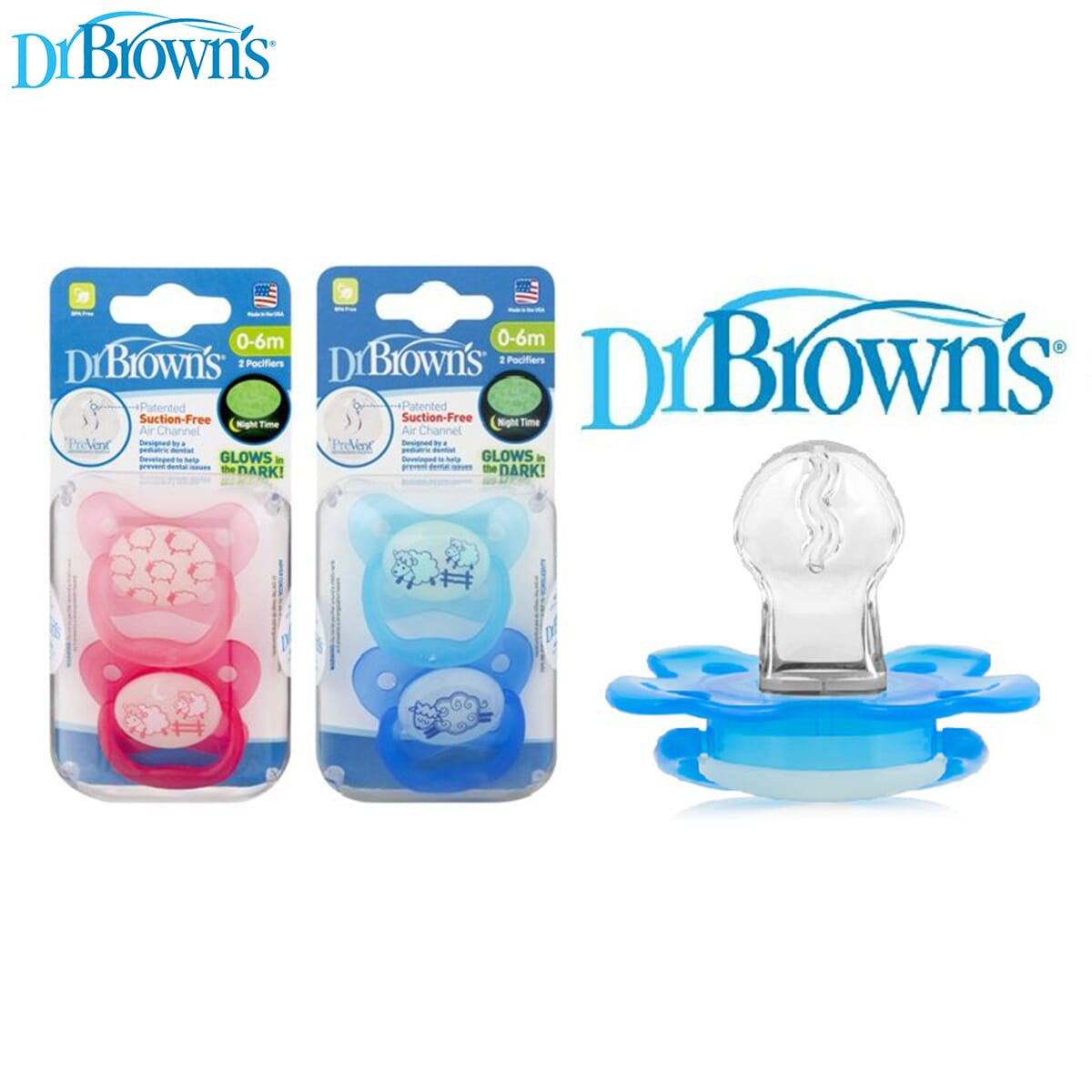 Dr. Brown's PreVent Glow in the Dark Pacifier, Stage 1 Assorted, 2-Pack,0-6m
