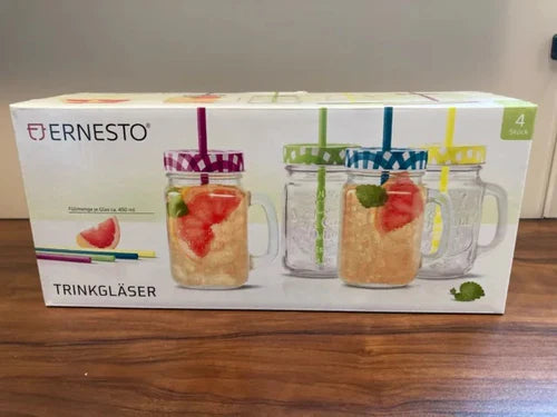 ERNESTO Set of 4 Glass Cups With Lids & Straws