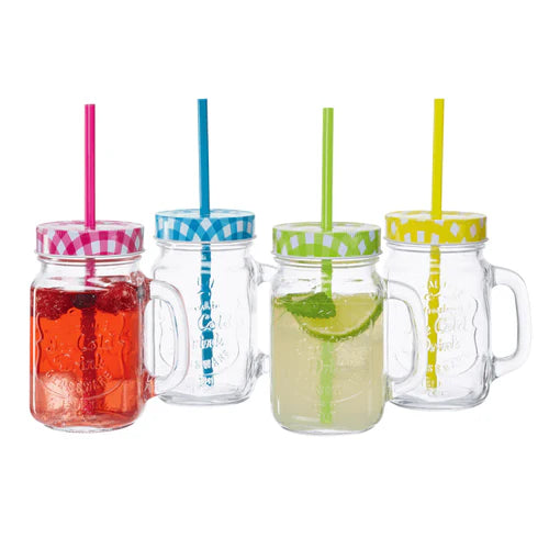 ERNESTO Set of 4 Glass Cups With Lids & Straws