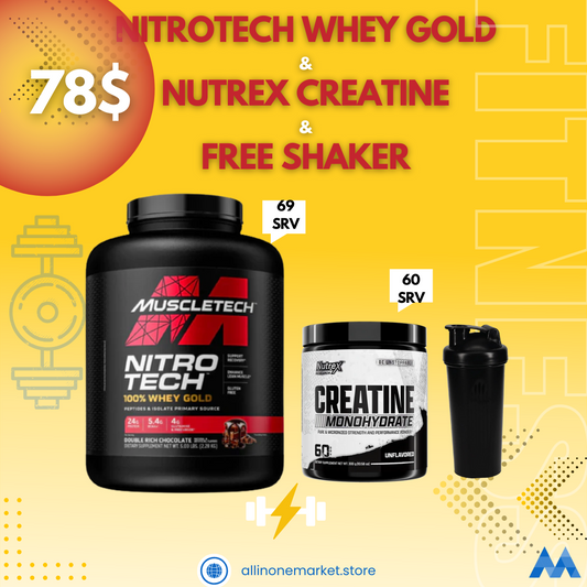MuscleTech Nitrotech 100% Whey Gold +Nutrex Creatine + Shaker Free