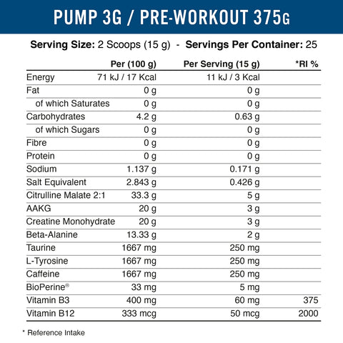 Pump 3G Pre Workout 375g (with Caffeine) 50srv